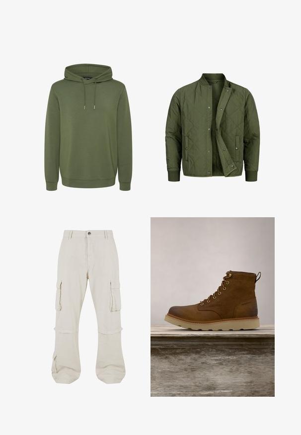 Olivgrüne gesteppte Jacke mit Druckknopfverschluss, geripptem Kragen und Bündchen, zwei vorderen Klappentaschen, teilweise geöffnet dargestellt.; Olivgrüner Hoodie aus weichem Material, mit einer geräumigen Kapuze mit Kordelzügen sowie gerippten Bünden und Saum für eine angenehme Passform.; Beige Cargo-Hosen mit zwei Seitentaschen, Knopfverschluss, weitem Beinansatz und umgeschlagenen Säumen für eine verstellbare Länge. Aus Baumwollstoff.; Braune wasserdichte Knöchelstiefel aus strukturiertem Leder, mit goldenen Ösen, runder Zehenform und einer leichten, strukturierten Gummisohle.