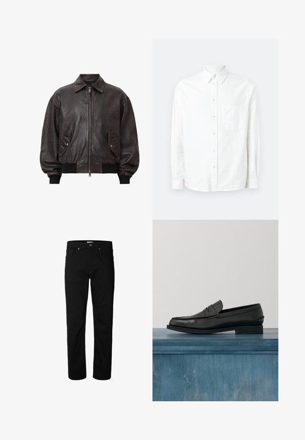 AllSaints MARCO - Chaqueta de cuero - vintage black; Camisa blanca de manga larga y botones, hecha de una tela ligera. Presenta un bolsillo frontal, cuello clásico y una textura sutil.; Vaqueros negros de corte recto con cierre de botón y cremallera, pasadores para cinturón y bolsillos delanteros y traseros, mostrados sobre un fondo blanco liso.; Mocasines de cuero negro con un diseño elegante, que presentan una puntera cosida y un acabado suave. El zapato tiene un tacón bajo y detalles mínimos.