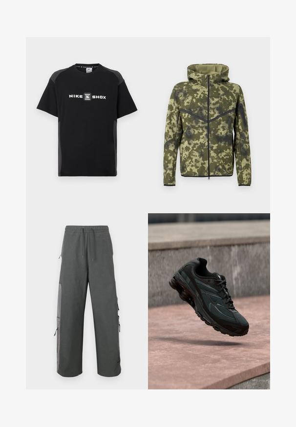 Κουκούλα jacket σε πράσινο καμουφλάζ. Κατασκευασμένο από υφή υφάσματος με φερμουάρ και μαύρες ραφές τονισμού. Διαθέτει εφαρμοστή σχεδίαση.; Μαύρο T-shirt Nike Shox με κοντά μανίκια, που διαθέτει ανακλαστικό λογότυπο μπροστά και αντίθετες γκρι πλευρικές επιφάνειες. Λείο υλικό.; Σκούρο γκρι παντελόνι cargo με ελαστική μέση, κορδόνι, πλαϊνές τσέπες και λεπτομέρειες από δίχτυ, με ελεύθερη, άνετη εφαρμογή.; Μαύρο αθλητικό παπούτσι με ορατή μεσαία σόλα αέρα που αιωρείται πάνω από μια ροζ πέτρινη επιφάνεια με φόντο ένα γκρι πέτρινο τοίχο.