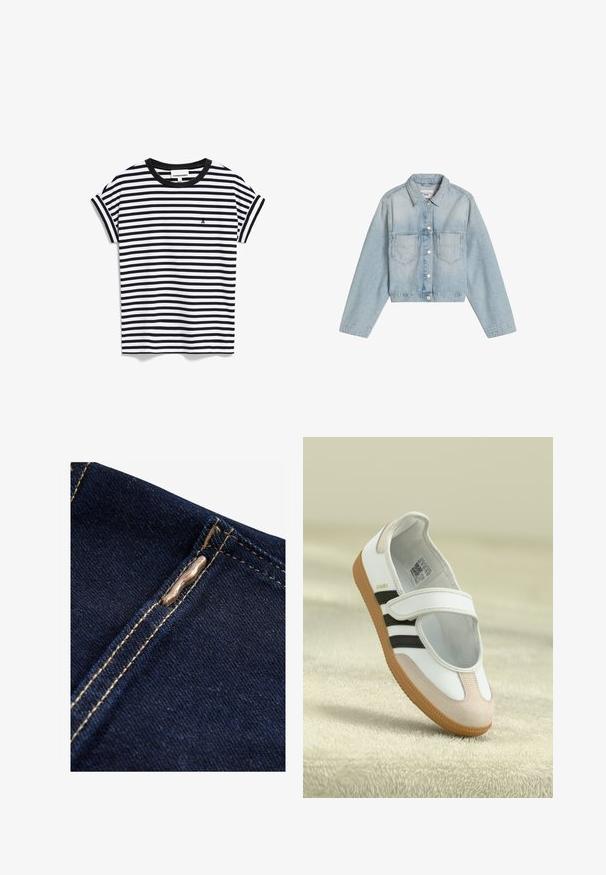 Lichtblauwe spijkerjas met lange mouwen, knoopsluiting, kraag en twee borstzakken, plat neergelegd op een witte achtergrond.; Zwart-wit gestreepte T-shirt met korte mouwen, een zwarte ribbelige ronde hals en een klein logo op de linkerborst.; Next REGULAR FIT - WIDE LEG - Flared Jeans - rinse blue; Witte schoen met een roze suède neus, zwarte strepen en een klittenbandsluiting. Heeft een tan rubberen zool en een logo aan de zijkant.
