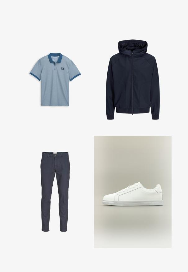 Marine vindjakke med fuld lynlås, hætte, ribbede manchetter og glat stof med minimale sømme. Let og enkelt design.; Lyseblå polo skjorte med en ensfarvet marineblå krave, korte ærmer, og et lille stofmærke på brystet, lavet af struktureret bomulds materiale.; Herre slim-fit mørkeblå afslappede bukser med bæltestropper, forreste knap og lynlåslukning, vist på en hvid baggrund.; Lavtop hvid sneaker med snørelukning foran og tekstureret gummisål mod en ensartet neutral baggrund.