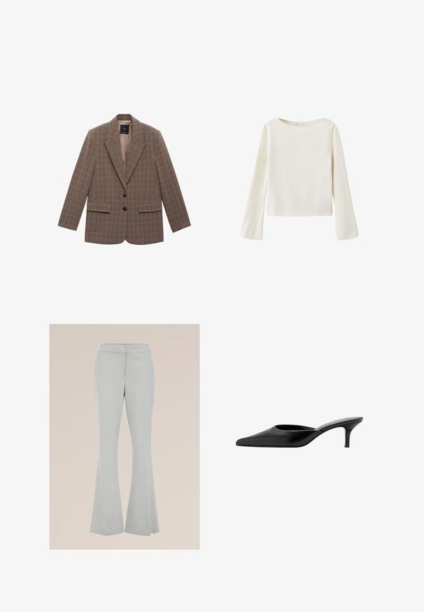 Bruine geruite blazer van gestructureerde stof, met een notch-lapel, twee voorzakken en twee zwarte knopen als sluiting.; Off-white trui met lange mouwen, brede ronde halslijn en licht uitlopende mouwen, gemaakt van zachte gebreide stof.; Lichtgrijze uitlopende broek van een gladde stof, met een aansluitende taille en zijzakken, voorzien van een persnaad aan de voorkant voor extra structuur.; Zwarte leren mule met een spitse neus, lage, slanke hak en een achterkantloze instapschoen.