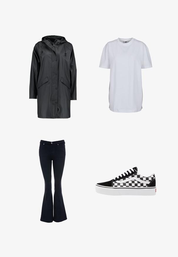ICHI IHTAZI JA - Parkaer - black; Enkel hvid T-shirt med korte ærmer og rund hals, med en lige kant forneden og et lille synligt mærke inde i kraven.; Udstoppede mørkeblå jeans lavet af denim, med høj talje, fem-lomme design og knaplukning med sølv nitter.; Sorte og hvide ternede lærredsnickers med sorte ruskindsdetaljer, hvide snørebånd og gummisål. Logoet på siden har et kontrastdesign.