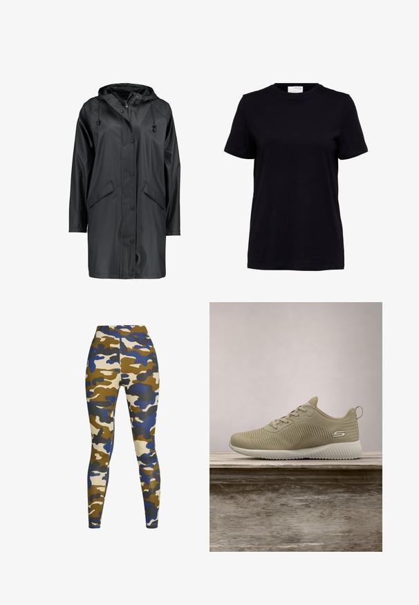 ICHI IHTAZI JA - Parkaer - black; Sort kortærmet t-shirt med rund halsudskæring, lige kant og en hvid label på bagsiden indeni kraven.; Kamuflage leggings i beige, brun og blå, lavet af strækbart materiale. Har en høj talje og en glat tekstur hele vejen ned ad benene.; Beige atletisk sko med tekstureret overdækning, snørebånd og støttende hælkappe, hviler på en træoverflade, sat mod grønne planter.