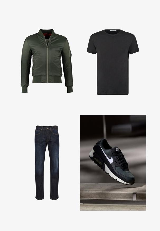 Dunkelgrüne Bomberjacke mit Frontreißverschluss, geripptem Kragen, Bündchen, Saum, seitlichen Taschen mit Knöpfen und Reißverschlusstasche am linken Ärmel.; Schwarzes Baumwoll-T-Shirt mit Rundhalsausschnitt und kurzen Ärmeln. Der Stoff hat eine glatte Textur und keine Muster oder Akzente. Normale Passform.; Dunkelblaue Denim-Jeans mit geradem Bein, fünf Taschen, goldenen Nähten und einer glatten Textur. Knopfverschluss an der Taille.; Schwarzer und grauer Nike Air Max Sneaker mit weißem Swoosh, schwebend über einer Betonfläche vor einem verschwommenen dunklen Hintergrund.