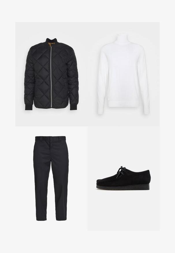 Lindbergh QUILTED - Übergangsjacke - black; Weißer Rollkragenpullover mit langen Ärmeln, aus glattem Stoff gefertigt. Verfügt über eine taillierte Passform sowie gerippte Bündchen und Saum. Keine Muster oder Akzente.; Schwarze Chinos aus leichtem Baumwollstoff, mit geradem Schnitt, seitlichen Taschen und einem Knopfverschluss am Bund.; Schwarze Wildlederschuhe mit rundem Zehendesign, einer Schnürfront und einer strukturierten schwarzen Gummisohle. Glattes Obermaterial mit dezenten Nahtdetails.