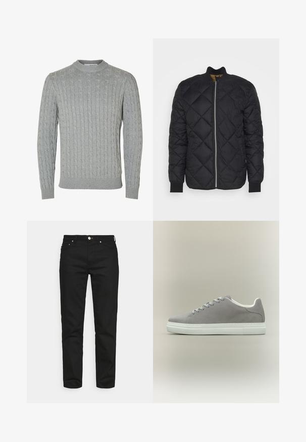 Lindbergh QUILTED - Jas - black; Lichtgrijze gebreide trui met een kabelpatroon, ronde halslijn en geribde manchetten en zoom. Gemaakt van zacht, gestructureerd stof.; Won Hundred ARCHER - Jeans Tapered Fit - rinse black; Grijze suède sneaker met witte rubberen zool en veters, voorzien van een laag uitgesneden ontwerp en een gladde textuur. Minimalistische stijl zonder zichtbare logo's.