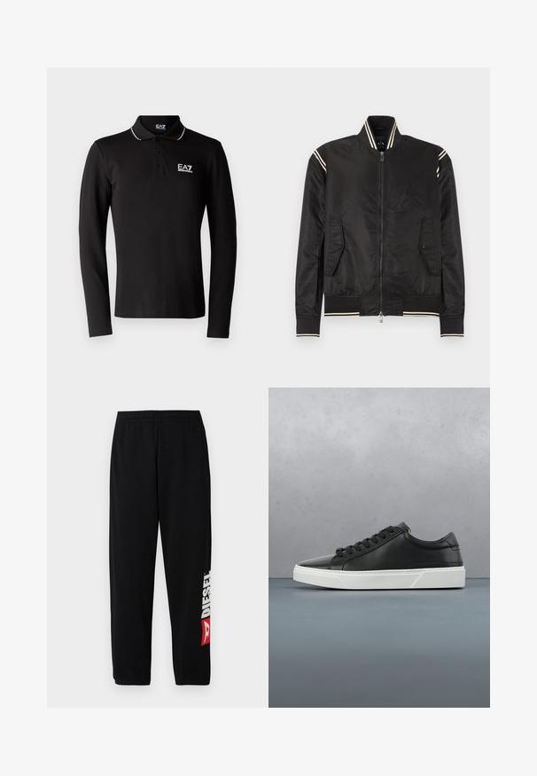 Schwarze Bomberjacke aus glänzendem Nylon, mit cremefarbenen Streifenakzenten am Kragen und an den Bündchen, zwei Seitentaschen und einem Reißverschluss vorne.; Schwarzes langärmliges Polohemd aus Baumwolle. Mit einem Button-Down-Kragen, EA7-Logo auf der Brust und weißen Akzentnähten.; Schwarze Sweatpants mit elastischem Bund, ausgestattet mit einem großen weißen "DIESEL"-Logo und rotem Akzent am linken Bein. Weicher, glatter Stoff.; Schwarze Leder-Sneaker mit runder Zehenpartie, strukturiertem Obermaterial, weißer Gummisohle und schwarzen Schnürsenkeln. Minimalistisches Design mit schlankem Profil.