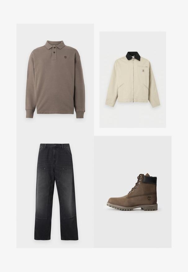Beige Carhartt-jakke med sort krave, fuld lynlås foran, to sidelommer og en lille lynlåslomme på brystet med logo-patch.; Langærmet polo-shirt i mørk beige bomuld, med en to-knap pynt, ribbede manchetter og et lille logo broderet på brystet.; Sorte jeans med brede ben, forlommer med lapper, bæltestropper og lukning med knap samt lynlås.; Brune læder ankelstøvle med sort krave, metaløjer og slidstærk grå sål. Har logo på siden og syet detaljer.