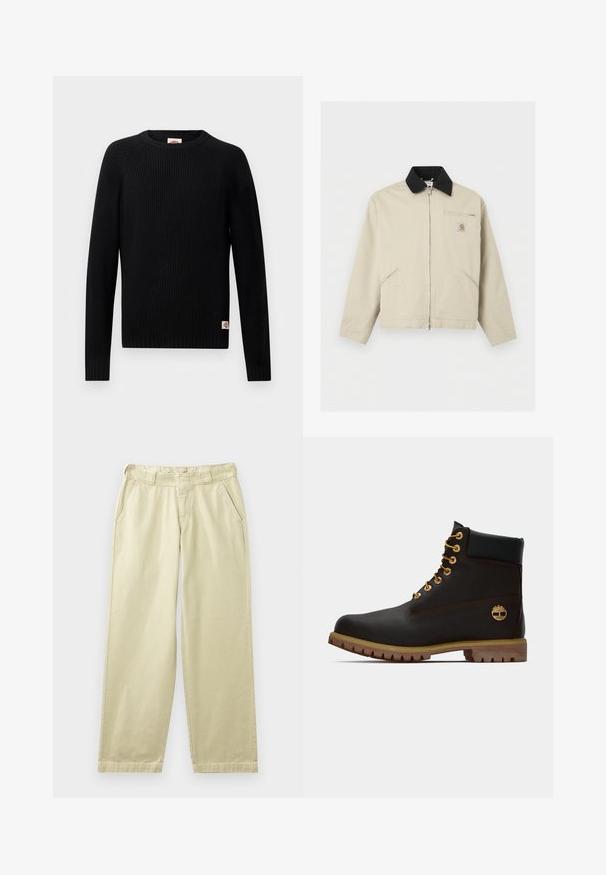 Béžová bunda Carhartt s čiernym golierom, celým predným zipsom, dvoma bočnými vreckami a malým zipsovým náprsným vreckom s logovou nášivkou.; Čierny rebrovaný úpletový sveter s dlhými rukávmi, okrúhlym výstrihom a malou logom nášivkou blízko spodného okraja na jednoduchom pozadí.; Béžové bavlnené nohavice s voľným strihom, vybavené bočnými vreckami, pútkami na opasok a rovnými nohavicami. Hladká textúra s minimálnymi detailmi švov.; Čierne kožené členkové topánky so zlatými očkami, hnedými akcentmi a gumovou podrážkou. Majú polstrovaný golier a embosované logo na boku.
