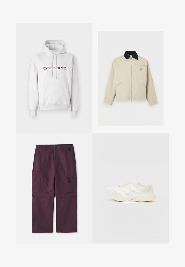 Beige Carhartt-Jacke mit schwarzem Kragen, durchgehendem Frontreißverschluss, zwei Seitentaschen und einer kleinen, mit Reißverschluss verschlossenen Brusttasche mit Logo-Patch.; Grauer Baumwoll-Hoodie mit Kängurutasche, Kordelzugkapuze und "Carhartt"-Logo in Dunkelbraun auf der Brust.; Burgunderfarbene Cargo-Hose, wandelbar, mit seitlichem Reißverschlussfach und Timberland-Logo am rechten Bein, mit verlängertem Innenbein.; Weißer Sportschuh mit Mesh-Obermaterial, ausgestattet mit drei weißen Streifen, einer abgerundeten Zehenpartie und einer hellen Sohle, die mit "LIGHTSTRIKE PRO" beschriftet ist.