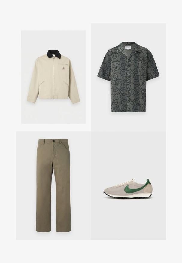 Beež Carhartt jope musta kraega, täis eesvormi tõmblukk, kaks küljetaskut ja väike tõmblukuga rinnatasku logo plaastriga.; Lühikeste varrukatega särk hallides toonides, madu nahamustriga, valmistatud kerge kangaga, millel on krae ja ees nööpidega kinnituv sulgemine.; Heledad oliivirohelised püksid on valmistatud siledast ja tugevast kangast. Omavad nööbi ja tõmbluku sulgemist, külge taskud ning sirget sääremustrit.; Bežid jooksujalatsid roheliste nahkdetailidega, tekstureeritud võrkkangas, kreemikarva paelad ja must kummist tallaga, millel on haardenupid.