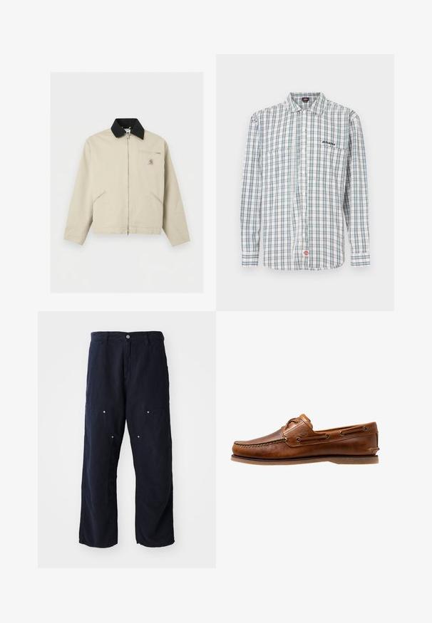 Beige Carhartt-jakke med sort krave, fuld lynlås foran, to sidelommer og en lille lynlåslomme på brystet med logo-patch.; Rudchecket skjorte med knapper i hvid, grøn og blå. Har lange ærmer, krave, to frontlommer og en logobrodering på brystet.; Marineblå brede bukser lavet af bomuld med en struktureret overflade. Har to frontlommer med knapdetaljer og en frontlukning med knap.; Brune læder bådsko med syede detaljer, der har metaløjer, en forhøjet søm på tåen og en flad gummisål.