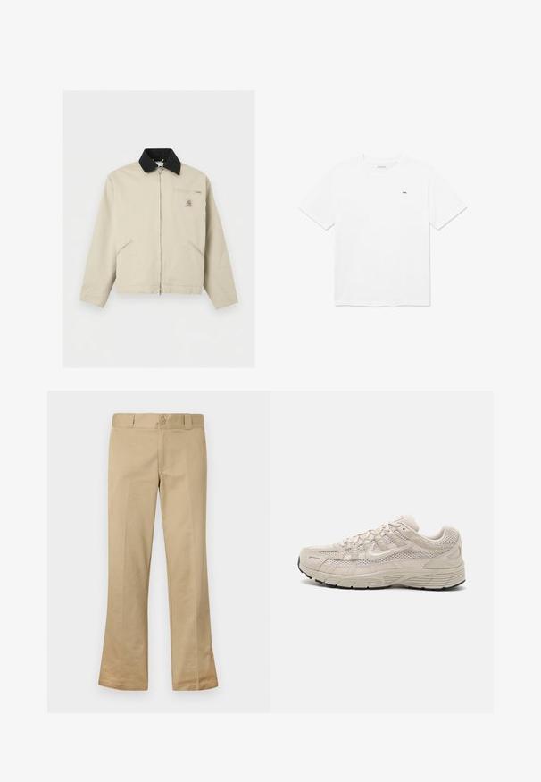 Μπεζ μπουφάν Carhartt με μαύρο γιακά, πλήρες φερμουάρ μπροστά, δύο πλαϊνές τσέπες και μια μικρή τσέπη στο στήθος με φερμουάρ και λογότυπο.; Λευκό βαμβακερό T-shirt με στρογγυλή λαιμόκοψη και κοντά μανίκια. Διαθέτει μικρό μαύρο λογότυπο στο στήθος. Καθαρός και μινιμαλιστικός σχεδιασμός.; Μπεζ πλατινές παντελόνες από βαμβακερό μίγμα, με κλείσιμο κουμπιού, θηλιές ζώνης και επίπεδο μπροστινό μέρος με μαλακή υφή.; Μπεζ αθλητικό παπούτσι με διχτυωτό υλικό, επενδυμένο κολάρο και καουτσουκένια σόλα. Διαθέτει κομψό σχέδιο και κλείσιμο με κορδόνια με διακριτική σήμανση.