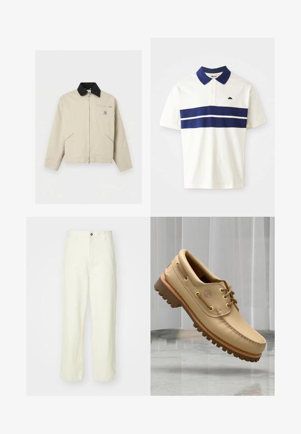 Beige Carhartt-jas met zwarte kraag, volledige ritssluiting aan de voorkant, twee zijzakken en een klein borstzakje met rits en logopatch.; Witte poloshirt met marineblauwe strepen over de borst en kraag. Bevat korte mouwen en een klein logo aan de linkerkant nabij de kraag.; Lichtgele katoenen broeken met een rechte pijp, voorzien van een frontsluiting met knoop, ceintuurlussen en een schone, minimalistische uitstraling.; Lichtbruine leren bootschoen met een dikke, geribbelde zool en veterdetails, zwevend boven een marmeren vloer en een achtergrond van witte verticale jaloezieën.