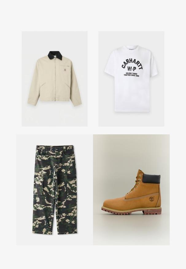 Μπεζ μπουφάν Carhartt με μαύρο γιακά, πλήρες φερμουάρ μπροστά, δύο πλαϊνές τσέπες και μια μικρή τσέπη στο στήθος με φερμουάρ και λογότυπο.; Λευκό κοντομάνικο T-shirt με στρογγυλή λαιμόκοψη, μαύρο κείμενο "CARHARTT WIP", ένα γράφημα με ένα χέρι που κρατά ύφασμα και το σύνθημα "HOLDING THINGS TOGETHER SINCE 1989".; Καμουφλάζ cargo παντελόνια σε πράσινο, καφέ και μπεζ, με πολλές τσέπες, κλείσιμο με κουμπί και ίσια γραμμή.; Καφέ δερμάτινο μποτάκι αστραγάλου με μαύρο γιακά, κίτρινα κορδόνια και ταμπά σόλα. Διαθέτει λογότυπο και λευκή ραφή για λεπτομέρεια. Ανθεκτική εξωτερική σόλα με τραχύ πέλμα.
