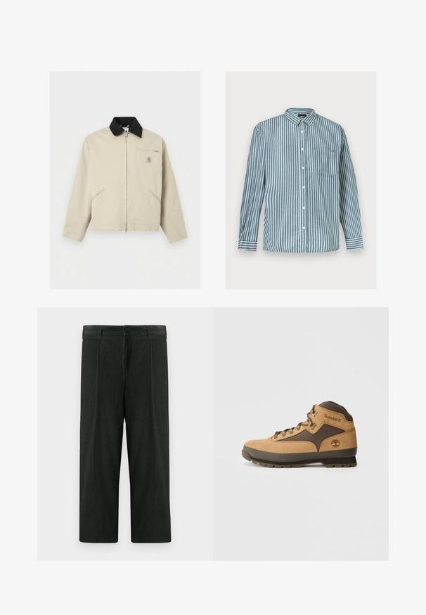 Μπεζ μπουφάν Carhartt με μαύρο γιακά, πλήρες φερμουάρ μπροστά, δύο πλαϊνές τσέπες και μια μικρή τσέπη στο στήθος με φερμουάρ και λογότυπο.; Ανδρικό πουκάμισο με μακριά μανίκια και κουμπιά, με κάθετες πράσινες και λευκές ρίγες και τσέπη στο στήθος, απλωμένο επίπεδα σε ανοιχτό φόντο.; Σκούρο πράσινο παντελόνι σε ίσια γραμμή με φαρδιά πόδια, φτιαγμένο από υφασμάτινο βαμβάκι. Διαθέτει κλείσιμο με κουμπί και πιέτες μπροστά. Ισχυρή κοπή με μέτρια ψηλή μέση.; Καφέ σουέτ μποτάκι πεζοπορίας με σκούρες καφέ λεπτομέρειες, μεταλλικές οπές και αντιολισθητική σόλα. Λογότυπο Timberland εγχάρακτο στο πλάι. Σχεδίαση μέσου τύπου.