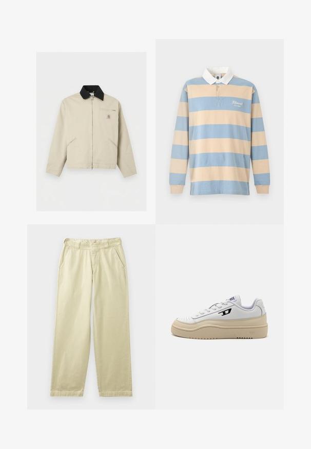 Μπεζ μπουφάν Carhartt με μαύρο γιακά, πλήρες φερμουάρ μπροστά, δύο πλαϊνές τσέπες και μια μικρή τσέπη στο στήθος με φερμουάρ και λογότυπο.; Μπλούζα ράγκμπι με μακριά μανίκια, φαρδιές οριζόντιες μπεζ και ανοιχτομπλε ρίγες, λευκό γιακά και κείμενο "Element Co. 1992" στο στήθος.; Μπεζ βαμβακερό παντελόνι με άνετη εφαρμογή, διαθέτει πλαϊνές τσέπες, θηλιές για ζώνη και ίσια πόδια. Ομαλή υφή με ελάχιστες ραφές.; Λευκά αθλητικά παπούτσια με λείο δερμάτινο επάνω μέρος, μπεζ καουτσούκ σόλα, στρογγυλή μύτη, κλείσιμο με κορδόνια και μαύρη λεπτομέρεια λογότυπου στην πλευρά.