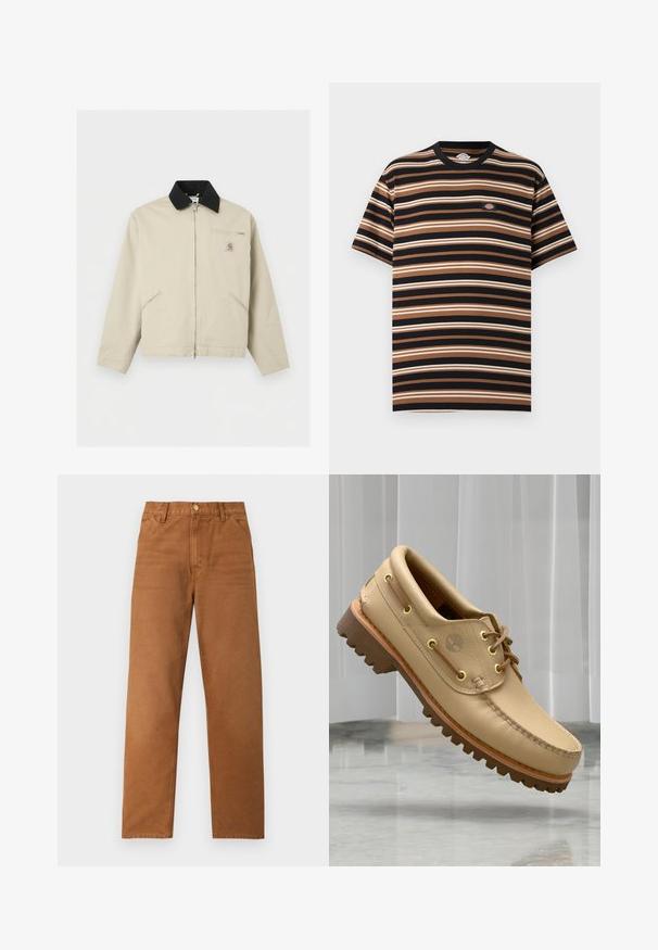 Μπεζ μπουφάν Carhartt με μαύρο γιακά, πλήρες φερμουάρ μπροστά, δύο πλαϊνές τσέπες και μια μικρή τσέπη στο στήθος με φερμουάρ και λογότυπο.; Κοντομάνικο t-shirt με οριζόντιες ρίγες σε μαύρο, καφέ και μπεζ, με ένα μικρό κέντημα λογότυπου Dickies στο στήθος.; Καφέ παντελόνι με ίσια γραμμή, ζωνάκια για ζώνη, εμπρόσθιες τσέπες και κλείσιμο με κουμπί, απεικονιζόμενο σε απλό φωτεινό φόντο.; Ένα ανοιχτό καφέ δερμάτινο ναυτικό παπούτσι με παχύ, ραβδωτό πάτο και λεπτομέρειες από κορδόνια, που αιωρείται πάνω από ένα μαρμάρινο δάπεδο με φόντο λευκές κατακόρυφες περσίδες.