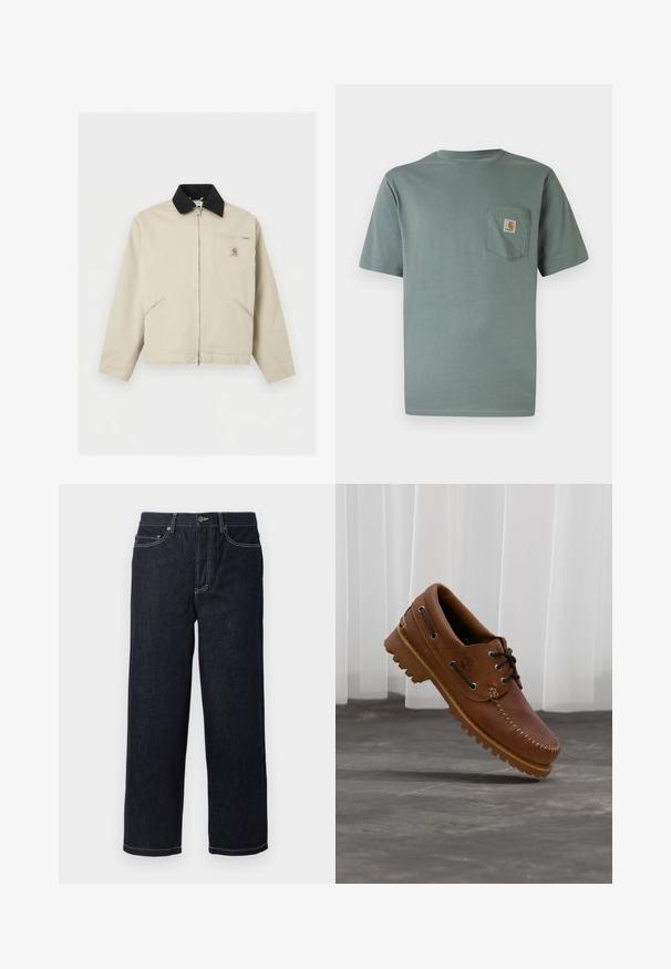 Beige Carhartt-jas met zwarte kraag, volledige ritssluiting aan de voorkant, twee zijzakken en een klein borstzakje met rits en logopatch.; Lichtgroen katoenen T-shirt met korte mouwen en een borstzakje met een logo. Zachte textuur en klassieke ronde hals.; Donkerblauwe rechte denim jeans met vijf zakken en witte contraststiksels, knoopsluiting en riemlussen.; Bruine leren bootschoen met zwarte veters, beige stiksel en een robuuste zool, zwevend boven een grijze betonnen vloer.
