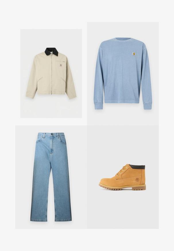 Veste Carhartt beige avec col noir, fermeture éclair frontale complète, deux poches latérales et une petite poche poitrine zippée avec écusson logo.; Chemise bleu clair à manches longues en tissu doux, avec un col rond, des poignets côtelés et un petit patch logo sur la poitrine gauche.; Jean en denim bleu clair avec taille haute, coupe jambe large, passants pour ceinture et cinq poches. Le tissu a une texture lisse avec une décoloration minimale.; Bottes mi-hautes en cuir tan avec bout rond, accents marron, œillets en métal jaune et semelle robuste. Logo Timberland embossé sur le côté.