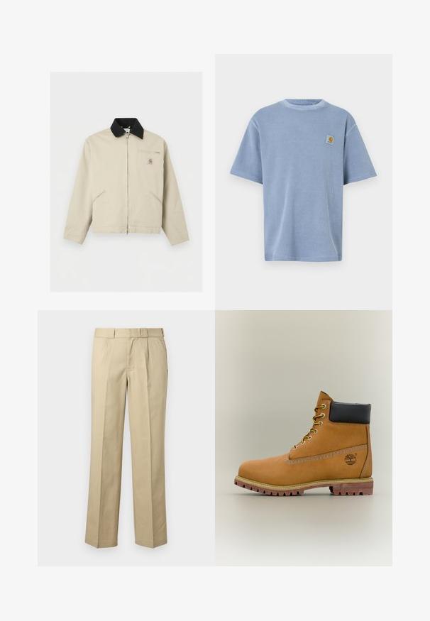 Veste Carhartt beige avec col noir, fermeture éclair frontale complète, deux poches latérales et une petite poche poitrine zippée avec écusson logo.; T-shirt bleu clair à manches courtes avec un motif côtelé texturé et un patch logo brodé sur la poitrine gauche. Encolure ronde.; Pantalon droit beige avec passants de ceinture, plis devant et poches latérales sur un fond uni.; Bottine en cuir marron avec col noir, lacets jaunes et semelle beige. Présente un logo et des détails de couture blanche. Semelle extérieure à traction robuste.