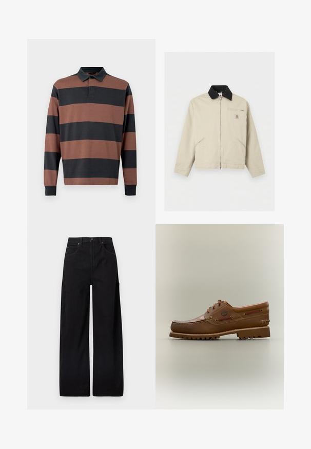 Μπεζ μπουφάν Carhartt με μαύρο γιακά, πλήρες φερμουάρ μπροστά, δύο πλαϊνές τσέπες και μια μικρή τσέπη στο στήθος με φερμουάρ και λογότυπο.; Μπλούζα ράγκμπι με μακριά μανίκια, με εναλλασσόμενες πλατιές οριζόντιες καφέ και μαύρες ρίγες, μαύρο γιακά και κουμπωτή τρέσα.; Μαύρο παντελόνι με φαρδιά μπατζάκια από βαμβακερό ντένιμ, με ψηλή μέση, δύο εμπρόσθιες τσέπες και μια πλαϊνή τσέπη cargo για επιπλέον χρηστικότητα.; Καφέ δερμάτινο παπούτσι τύπου boat με κορδόνια εμπρός, ραφές moc toe, πλαϊνές τρύπες και ανθεκτική λαστιχένια σόλα σε ουδέτερο φόντο.