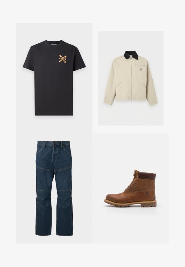 Beige Carhartt-Jacke mit schwarzem Kragen, durchgehendem Frontreißverschluss, zwei Seitentaschen und einer kleinen, mit Reißverschluss verschlossenen Brusttasche mit Logo-Patch.; Schwarzes Baumwoll-T-Shirt mit einem grafischen Design in Orange, das die Worte "ELEMENT" und "REMEMBER" in einem Kreuzmuster auf der Brust zeigt.; Dunkelblaue Jeans aus Denim mit verstärkten Knien, frontalem Knopf- und Reißverschluss sowie Vordertaschen auf einem schlichten Hintergrund.; Braune Lederwanderschuhe mit glatter Oberfläche, gepolstertem Knöchel, Metallösen und einer Gummisohle mit robustem Profil.