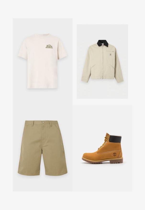 Beige Carhartt-jas met zwarte kraag, volledige ritssluiting aan de voorkant, twee zijzakken en een klein borstzakje met rits en logopatch.; Crème katoenen t-shirt met korte mouwen. Bevat een groen logo met de tekst "The Doors ELEMENT X TIMBER!" op de linkerborst.; Beige korte broek van stof met een gladde textuur, voorzien van een vlakke voorkant, ceintuurlussen en zijzakken; recht gesneden beenontwerp.; Bruine leren enkellaars met metalen oogjes, witte faux bont voering, zwarte gewatteerde kraag, robuuste zool en een reliëflogo aan de zijkant.