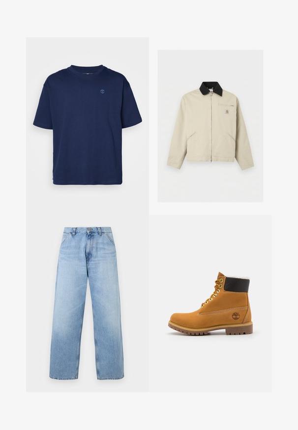 Chaqueta Carhartt beige con cuello negro, cremallera completa en el frente, dos bolsillos laterales y un pequeño bolsillo con cremallera en el pecho con parche de logo.; Camiseta de algodón de color azul marino con cuello redondo, mangas cortas y un pequeño logo tonal en el pecho. Corte casual, textura suave.; Vaqueros de pierna ancha de mezclilla azul claro con bolsillos delanteros, trabillas para cinturón, cierre de botón y detalles descoloridos.; Botín de cuero marrón con ojales de metal, forro de piel sintética blanca, cuello acolchado negro, suela resistente y logotipo en relieve en el costado.