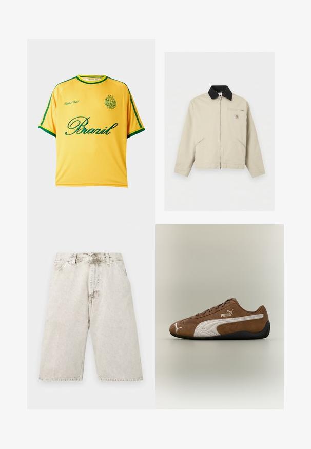 Veste Carhartt beige avec col noir, fermeture éclair frontale complète, deux poches latérales et une petite poche poitrine zippée avec écusson logo.; Maillot de sport jaune à manches courtes avec bordure verte, inscription "Brazil" en vert, et un petit emblème circulaire avec des étoiles et du texte sur la poitrine.; Shorts en denim gris clair délavé avec poches avant, passants pour ceinture et fermeture par bouton, présentés à plat sur un fond blanc.; Baskets en daim marron avec des accents blancs et un design texturé. Elles disposent d'une semelle en caoutchouc noire et d'un logo Puma proéminent sur le côté.