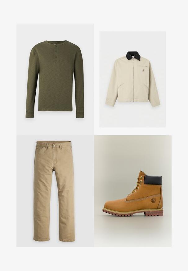 Beige Carhartt-jakke med sort krave, fuld lynlås foran, to sidelommer og en lille lynlåslomme på brystet med logo-patch.; Langærmet olivengrøn henley skjorte med rund hals, tre knapper ved kraven og en tekstureret stofoverflade.; Khakifarvede bomuldssbukser med lige ben, forlommer og knaplukning. Glat tekstur og forstærkede sømme for holdbarhed.; Brun læderankelstøvle med sort krave, gule snørebånd og tanfarvet sål. Har logo og hvide syninger som detalje. Robust ydersål med greb.