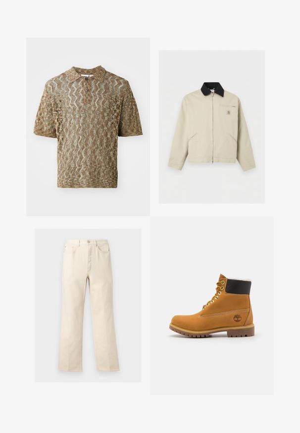 Beež Carhartt jope musta kraega, täis eesvormi tõmblukk, kaks küljetaskut ja väike tõmblukuga rinnatasku logo plaastriga.; Lühikeste varrukatega polo särk tan värvi, tekstuurne kudum laineliste musteritega. Omab kraed ja ühte pruuni nööpi kaeluses.; Beežid sirge lõikega püksid eestaskute, vööaasa, nööp- ja lukueringiga, esitatud ühevärvilise tausta ees.; Pruun nahast pahkluu saabas metallist silmadega, valge karvane vooder, must pehmendatud krae, robustne tallal ja küljes reljeefne logo.