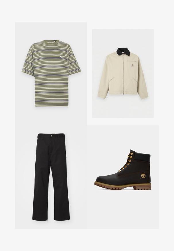 Μπεζ μπουφάν Carhartt με μαύρο γιακά, πλήρες φερμουάρ μπροστά, δύο πλαϊνές τσέπες και μια μικρή τσέπη στο στήθος με φερμουάρ και λογότυπο.; Κοντομάνικη ριγέ μπλούζα σε ελιά πράσινη με οριζόντιες λευκές, ναυτικές και γκρι ρίγες· διαθέτει μικρό λευκό λογότυπο στο στήθος.; Μαύρο παντελόνι φτιαγμένο από ανθεκτικό ύφασμα με ίσια εφαρμογή, διαθέτοντας μπροστινό κλείσιμο με κουμπί, θηλιές ζώνης και χωρίς ορατά σχέδια ή διακοσμήσεις.; Μαύρη δερμάτινη αστράγαλοι μποτάκι με χρυσά μάτια, καφέ λεπτομέρειες και ελαστική σόλα. Διαθέτει επενδεδυμένο κολάρο και ανάγλυφο λογότυπο στη πλευρά.