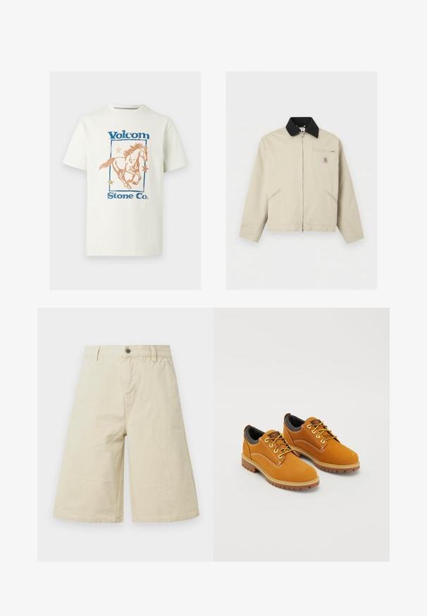 Μπεζ μπουφάν Carhartt με μαύρο γιακά, πλήρες φερμουάρ μπροστά, δύο πλαϊνές τσέπες και μια μικρή τσέπη στο στήθος με φερμουάρ και λογότυπο.; Λευκό βαμβακερό T-shirt με γραφικό ενός αλόγου σε γαλοπ, μπλε κείμενο "Volcom" και πορτοκαλί αστέρια μέσα σε ορθογώνιο περίγραμμα.; Μπεζ βερμούδα με φαρδιά μπατζάκια μέχρι το γόνατο, θηλιές για ζώνη, εμπρόσθιο κουμπί, φερμουάρ κλεισίματος και πλαϊνές τσέπες.; Καφέ σουέτ παπούτσια με στρογγυλή μύτη, κίτρινες κορδόνες, μαξιλαρένιο μαύρο κολάρο και ελαστικές σόλες με αυλακώσεις για πρόσφυση.
