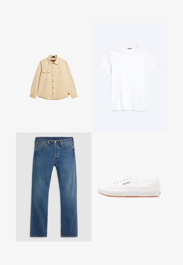 Camisa beige de botones hecha de algodón, con dos bolsillos en el pecho, botones dorados y un dobladillo redondeado. La etiqueta dice "Superdry" dentro del cuello.; Camiseta blanca lisa de cuello redondo y manga corta con una etiqueta visible de la marca WEEKDAY en el cuello, mostrada sobre un fondo claro.; Vaqueros de mezclilla azul de pierna recta con cinco bolsillos, presillas para el cinturón y un cierre frontal con botón y cremallera sobre un fondo liso.; Zapatillas de lona blancas con suela de goma, diseño de cordones y una pequeña etiqueta con el logo en el lateral. Parte superior texturizada blanca y suela marrón.