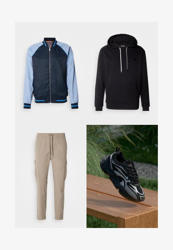 Scotch & Soda REVERSIBLE - Bomberjacke - sky captain; Schwarzer Hoodie aus weichem Material mit einer vorderen Kängurutasche, Kapuze mit Kordelzug und kleinem schwarzen Logopatch auf der Brust.; Beige Cargo-Hosen mit elastischem Bund und Kordelzug. Sie verfügen über Seitentaschen und ein schmal zulaufendes Bein, gefertigt aus leichtem Stoff.; Schwarzer und grauer Sport sneaker mit Mesh- und reflektierenden Akzenten, der auf der Kante einer Holzbank im Freien balanciert.