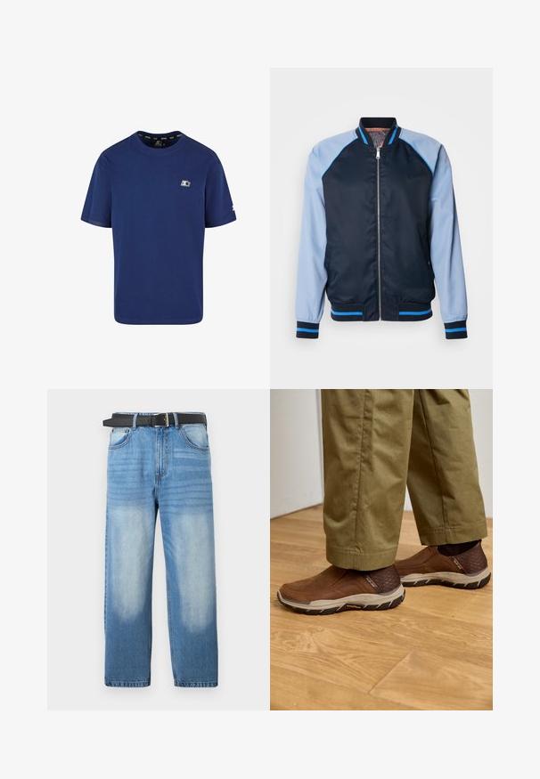 Scotch & Soda REVERSIBLE - Bomber-jakk - sky captain; Tumed sinine T-särk, mis on valmistatud puuvillast; lühikesed varrukad; ringkaelus; vasakpoolsel rinnal on väike logo ja varrukal aksent.; Heledad sinine denim püksid sirge säärega, musta vööga, pleekinud täppide ja ülemises osas peene diagonaalse tekstuuriga.; Pruunid libisemisjalatsid tekstuursete detailidega, beežid kummitaldad, sujuv disain; koos khaki pükstega puidust põrandal.