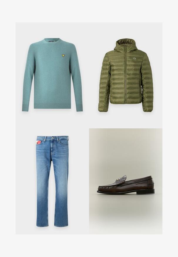 Chaqueta acolchada verde oliva con cremallera frontal, capucha y textura acolchada horizontal. Presenta un pequeño logo en el lado izquierdo del pecho y puños elásticos.; Suéter de cuello redondo en tejido suave color verde azulado, con mangas largas y borde acanalado. Detalle de logo bordado en amarillo en el pecho.; Jeans de mezclilla azul descoloridos con corte recto, con cierre de botón, cinco bolsillos y un parche en el bolsillo delantero.; Mocasín de cuero marrón oscuro con tacón bajo negro, costuras de mocasín y una correa decorativa en la parte superior.