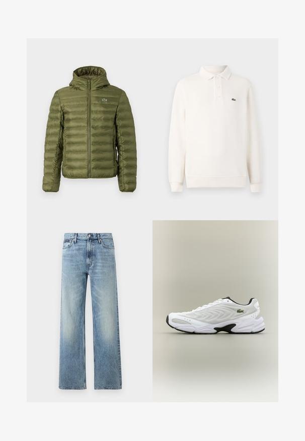Veste rembourrée vert olive avec zip à l'avant, capuche et texture matelassée horizontale. Présente un petit logo sur la poitrine gauche et des poignets élastiques.; Polo-shirt à manches longues en crème pâle en tricot texturé, avec une patte de boutonnage à trois boutons et un logo brodé vert sur la poitrine.; Jean droit en denim bleu clair avec taille haute, cinq poches, fermeture à boutons et léger délavage sur les cuisses et les genoux.; Baskets de sport blanches avec un dessus en mesh texturé, un design courbé et une semelle noire contrastante. Présente un logo brodé vert sur le côté.