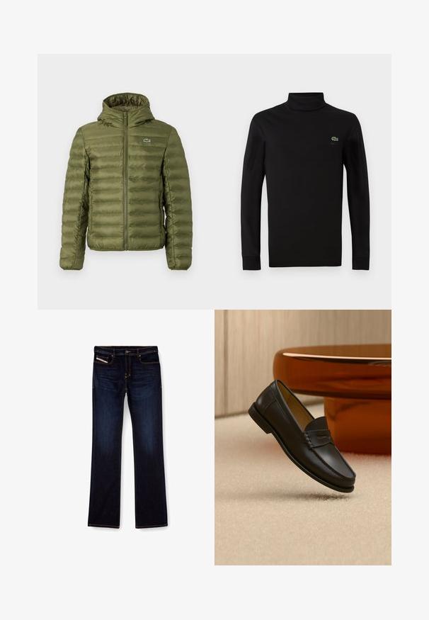 Olivgrüne gepolsterte Jacke mit Reißverschluss vorne, Kapuze und horizontaler Steppstruktur. Verfügt über ein kleines Logo auf der linken Brust und elastische Bündchen.; Schwarzes langärmeliges Turtleneck aus glattem Baumwollstoff, mit einem kleinen grünen Krokodil-Logo auf der linken Brust.; Dunkelblaue Jeans aus Denim mit geradem Bein, ausgestattet mit orangefarbenen Nähten, einem Reißverschluss und Vordertaschen. Glatte Textur und Standardbund.; Schwarzer Leder-Loafer, der über einem hellbeigen Teppich schwebt, mit bernsteinfarbenen modernen Möbeln im Hintergrund.
