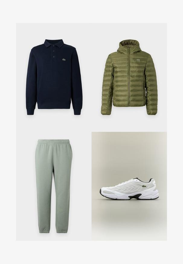 Olivgrüne gepolsterte Jacke mit Reißverschluss vorne, Kapuze und horizontaler Steppstruktur. Verfügt über ein kleines Logo auf der linken Brust und elastische Bündchen.; Navyblaues Langarm-Polohemd mit Knopfleiste und kleinem grünen Krokodil-Logo auf der Brust.; Hellgrüne Sweatpants mit elastischem Bund, schmal zulaufenden Beinen und umgenähten Knöcheln. Hergestellt aus weichem, leichtem Stoff.; Weißer Sportschuh mit strukturiertem Mesh-Obermaterial, geschwungenem Design und kontrastierender schwarzer Laufsohle. Mit grünem gesticktem Logo an der Seite.