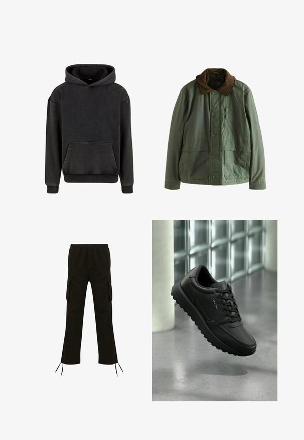 Grüne Baumwolljacke mit einem braunenCordkragen, Druckknopfverschlüssen, einer Brusttasche und zwei großen Fronttaschen. Texturierte Stoffoberfläche.; Urban Classics Kapuzenpullover - magnet; Schwarze Cargo-Hose mit elastischem Bund, seitlichen Taschen und Kordeln am Saum; aus einem leichten Stoff mit glatter Textur gefertigt.; Schwarzer Calvin Klein Sneaker aus Leder mit Schnürsenkeln, robuster Sohle, schwebend über einem polierten Betonboden vor einem Hintergrund aus Glasbausteinwand.