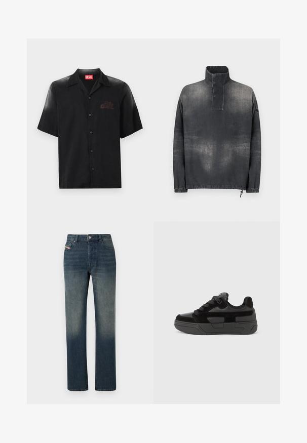Pullover jakke i mørkegrå denim, med høj krave, knaplukning, elastiske ærmer og en let falmet tekstur.; Kortærmet sort skjorte lavet af glat stof med knaplukning fortil, der har et diskret præget logo på venstre bryst.; Blå denimjeans med lige ben, falmet vask, forreste knap- og lynlås lukning samt fem-lomme design.; Sort sneakersko med en kombination af glatte og teksturerede materialer, med rundet snude, tyk sål og snørelukning. Minimalistisk design med accenter.