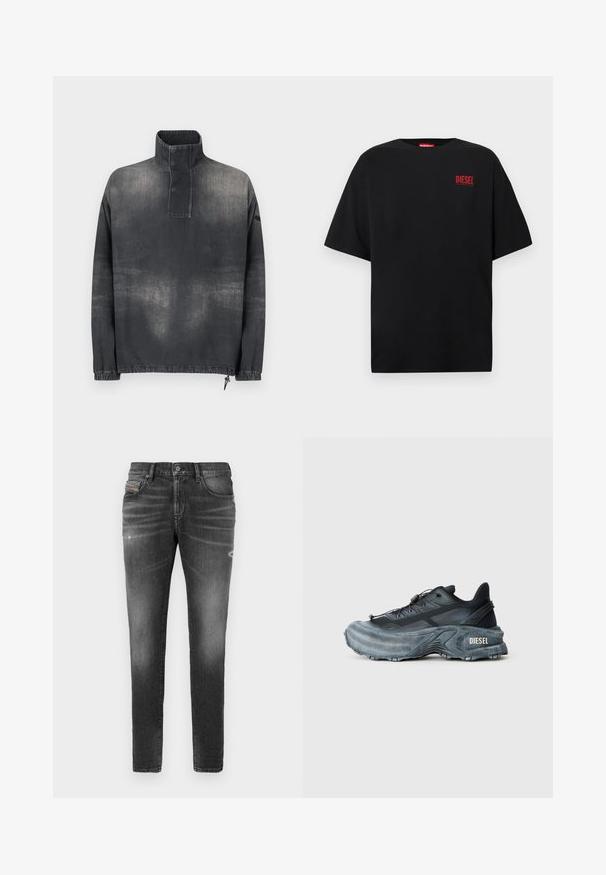Pullover jakke i mørkegrå denim, med høj krave, knaplukning, elastiske ærmer og en let falmet tekstur.; Sort T-shirt lavet af bomuld, med korte ærmer, rund halsudskæring og en rød "DIESEL"-logo på venstre brystområde.; Grå denimjeans med slim fit, der har let slidte kanter, distressed detaljer og traditionel knaplukning.; Sort og grå Diesel sneakers med tyk sål, snørrebåndslukning og tekstureret design på en ensfarvet lysegrå baggrund.