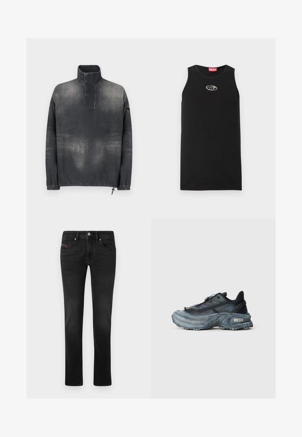 Pullover-Jacke aus dunkelgrauem Denim, mit hohem Kragen, durchgehender Knopfleiste, elastischen Bündchen und leicht verblasster Textur.; Schwarzes ärmelloses Tanktop aus Baumwolle. Verfügt über einen runden Halsausschnitt und ein kleines weißes Diesel-Logo auf der Brust. Glatte Textur.; Schwarze Denim-Jeans mit geradem Bein, ausgestattet mit Vorder- und Gesäßtaschen, subtilen Ausbleichungen und einem Metallknopfverschluss.; Schwarz- und graue Diesel-Sneaker mit dicker Sohle, Schnürverschluss und strukturiertem Design auf einem schlichten hellgrauen Hintergrund.