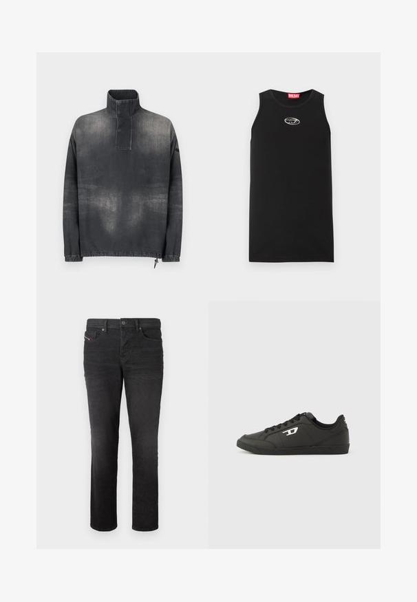 Pullover jakke i mørkegrå denim, med høj krave, knaplukning, elastiske ærmer og en let falmet tekstur.; Sort ærmeløs tanktop lavet af bomuld. Har en rund halsudskæring og en lille hvid Diesel-logo på brystet. Glat tekstur.; Sorte denim jeans med lige ben, der har fem lommer, en knappelukning og subtile syninger foran.; Sorte syntetiske sneakers med en struktureret sort sål, rund tå og flade sorte snørebånd. Fremtrædende hvidt logo på ydersiden.