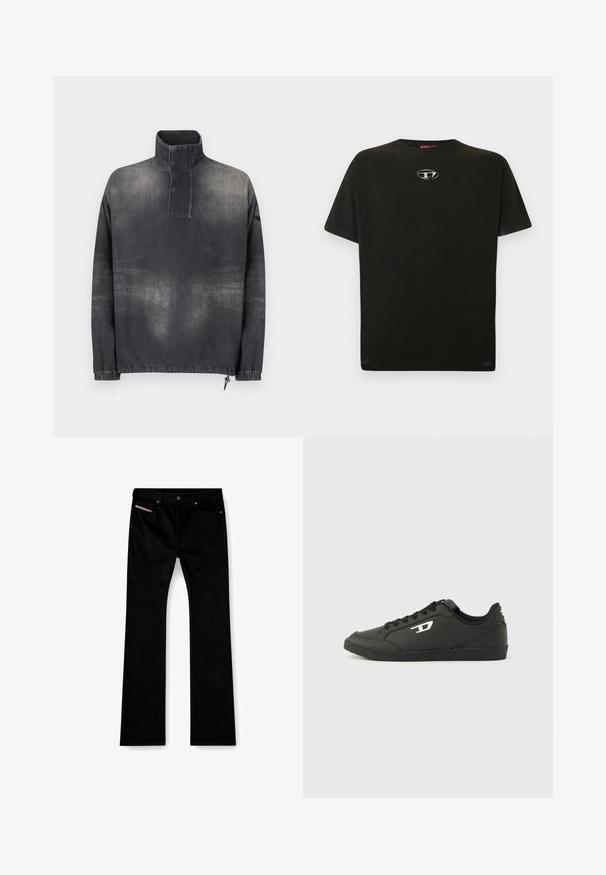 Pullover jakke i mørkegrå denim, med høj krave, knaplukning, elastiske ærmer og en let falmet tekstur.; Sort bomulds T-shirt med korte ærmer, rund hals og et lille metallisk logo på brystet. Glat tekstur og lige snit.; Sorte straight-leg jeans med frontknap og lynlås, for- og baglommer samt en hvid etiket synlig i den højre forlomme.; Sorte syntetiske sneakers med en struktureret sort sål, rund tå og flade sorte snørebånd. Fremtrædende hvidt logo på ydersiden.