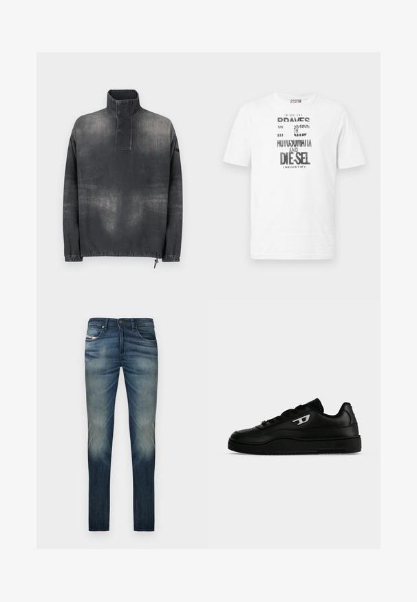 Veste pull en denim gris foncé, avec un col montant, une patte de boutonnage, des poignets élastiqués et une texture légèrement délavée.; T-shirt Diesel blanc à manches courtes avec texte graphique noir et blanc et logo sur le devant, col rond et étiquette logo rouge sur la couture latérale.; Jean denim bleu foncé à coupe droite, avec un effet délavé sur les jambes, cinq poches et une fermeture à bouton à la taille.; Baskets basses noires avec semelle épaisse, lacets sur le devant et petit logo blanc "D" sur le côté, présentées sur un fond blanc uni.