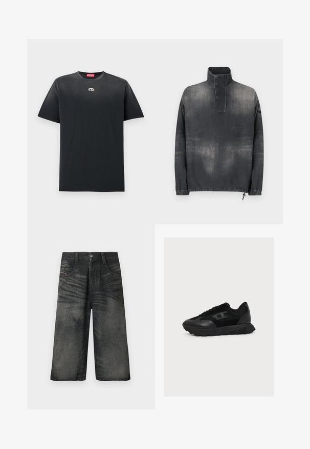 Chaqueta tipo pullover en denim gris oscuro, con un alto cuello, tapeta de botones, puños elásticos y una textura ligeramente desteñida.; Camiseta de algodón negra con cuello redondo, corte holgado, mangas cortas y un pequeño logo plateado en el pecho. Textura suave, diseño minimalista.; Pantalones cortos de mezclilla negros de pierna ancha con botón frontal, cremallera, presillas para cinturón y detalles con textura descolorida.; Zapatilla deportiva negra de corte bajo con parte superior de malla y cuero combinados, cierre de cordones y suela texturizada, mostrada en perfil derecho sobre fondo blanco.